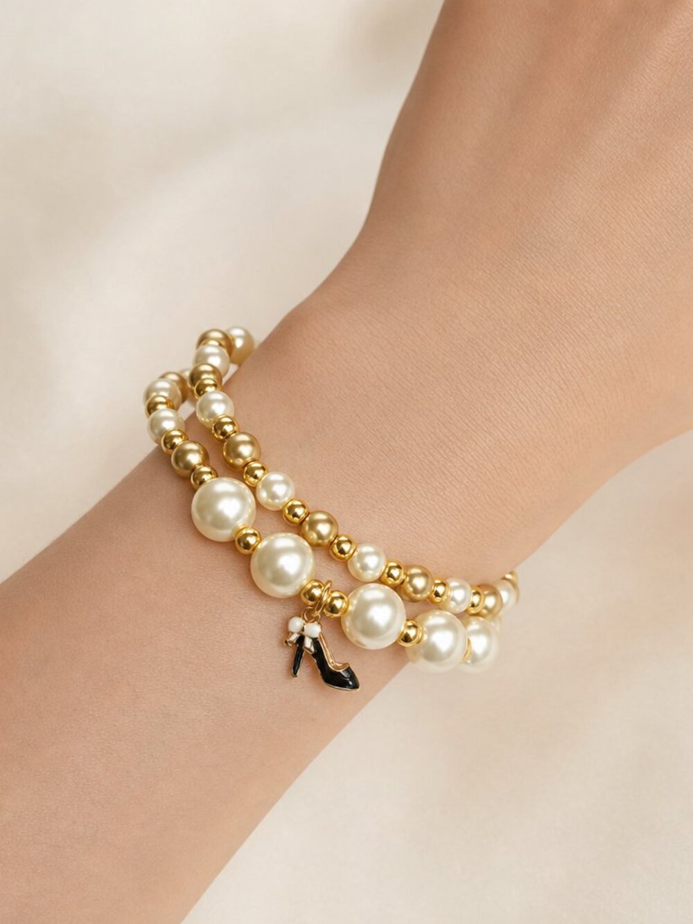 Gold & Pearl Double‑Strand Memory Wire Bracelet w/ Black High Heel Charm